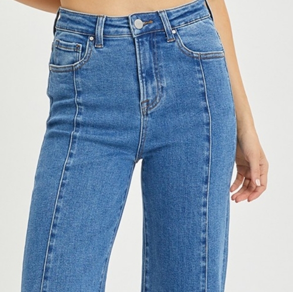 RISEN High-Rise Waist Blue Jeans Retro Wide Leg Front Seam Boyfriend Denim Pants - Picture 3 of 16